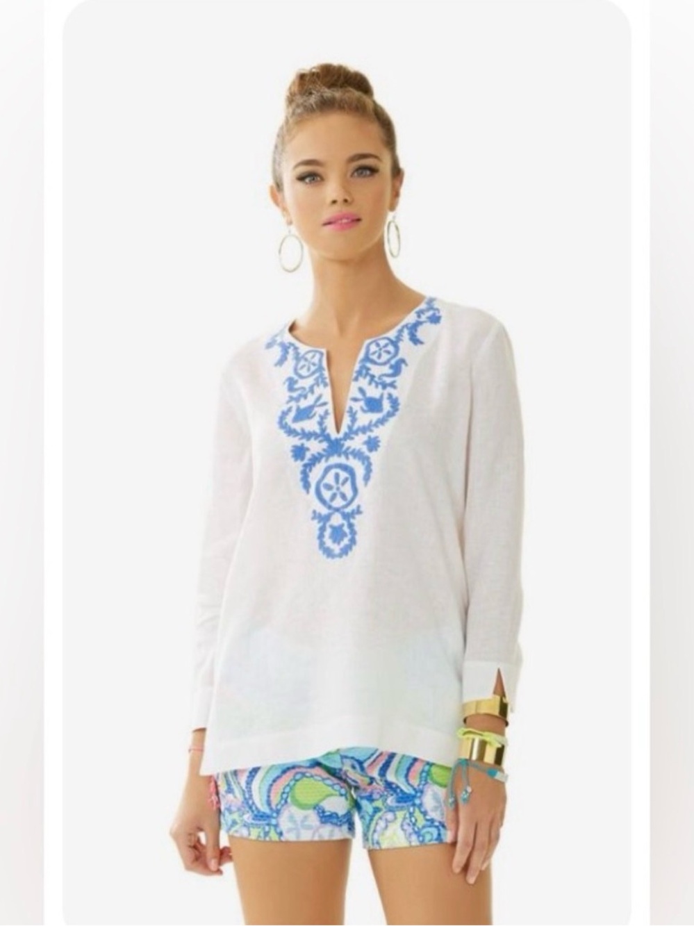 Lilly Pulitzer Amelia Island White Blue Linen Tunic Top Size S Coastal